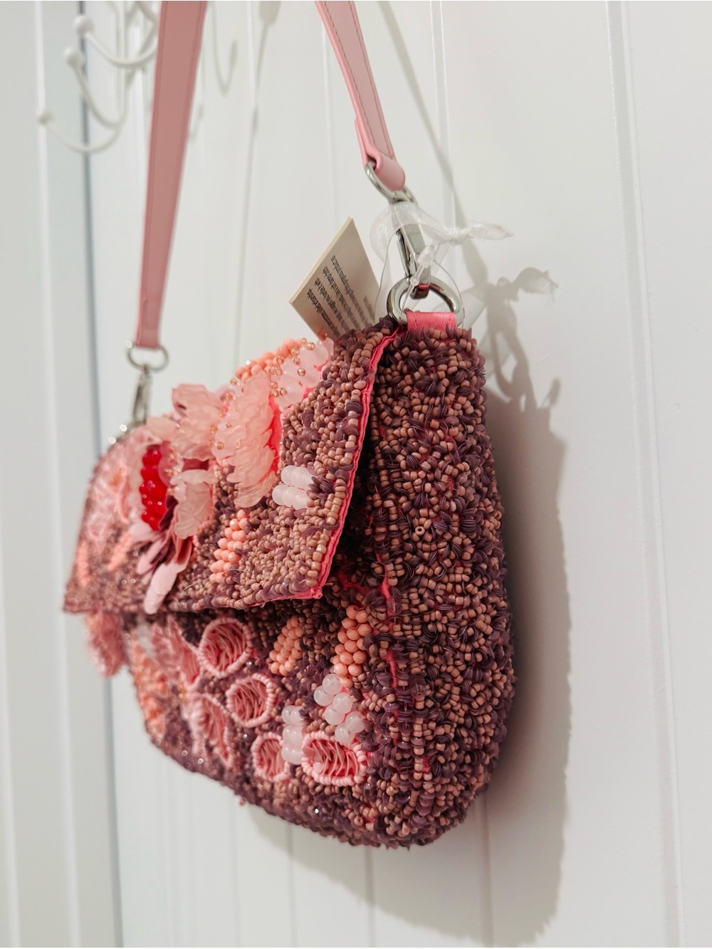 NWT Handmade in India Pink Floral Beaded Shoulder Bag with Detachable Charm - Picture 5 of 16